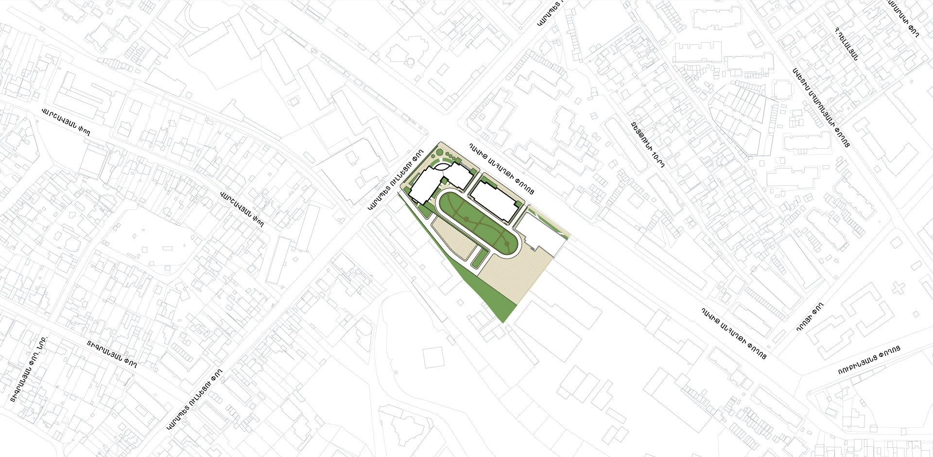 Site plan of Monument Hills at the corner of Davit Anhaght Street and Karapet Ulnetsi Street, with the surrounding streets